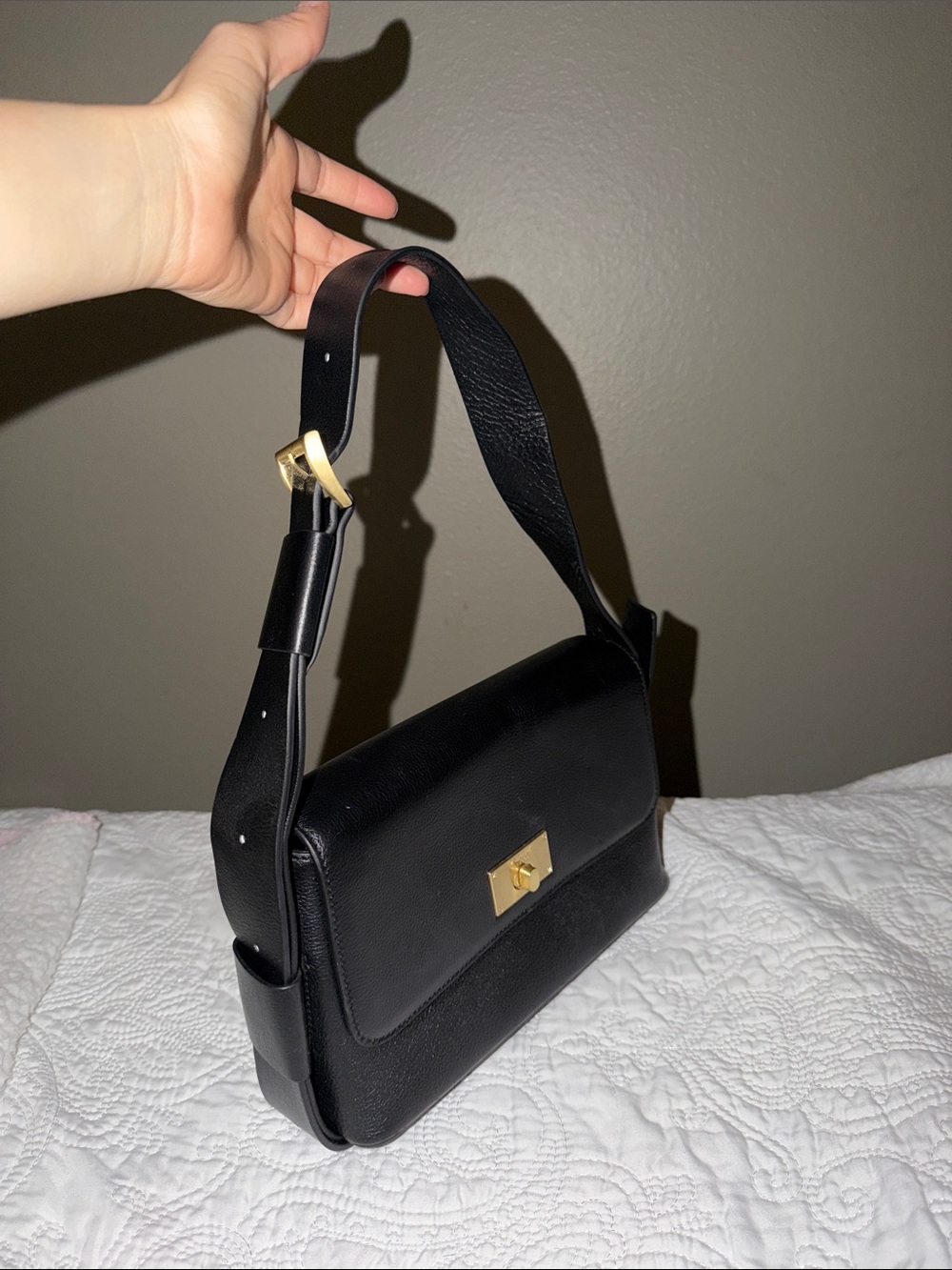 Black Leather Shoulder Bag with Gold Turn-Lock